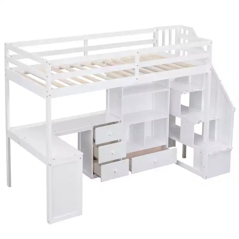 Lit mezzanine jumeau avec bureau en L et escalier de rangement, cadre de lit haut en bois avec tiroirs et armoire pour chambre et dortoir