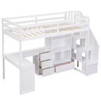 Lit mezzanine jumeau avec bureau en L et escalier de rangement, cadre de lit haut en bois avec tiroirs et armoire pour chambre et dortoir