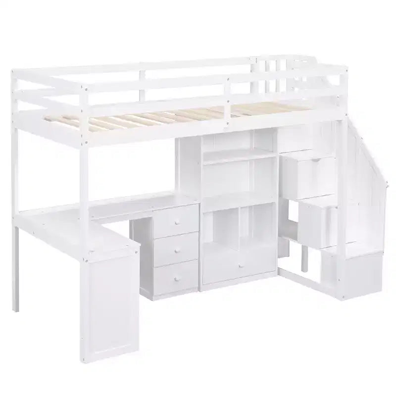 Lit mezzanine jumeau avec bureau en L et escalier de rangement, cadre de lit haut en bois avec tiroirs et armoire pour chambre et dortoir