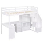 Lit mezzanine jumeau avec bureau en L et escalier de rangement, cadre de lit haut en bois avec tiroirs et armoire pour chambre et dortoir