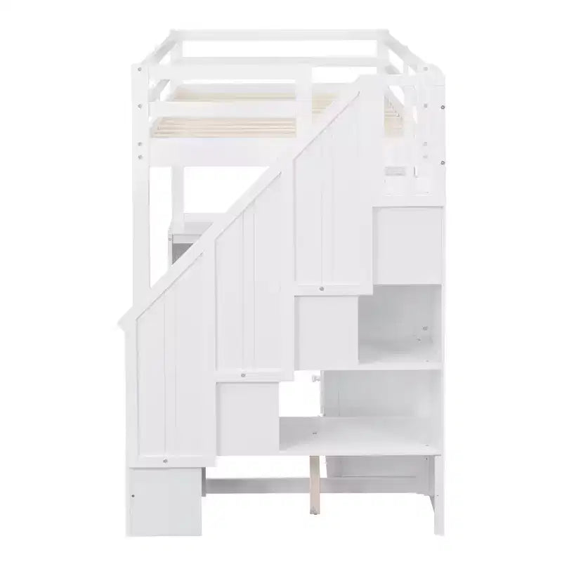 Lit mezzanine jumeau avec bureau en L et escalier de rangement, cadre de lit haut en bois avec tiroirs et armoire pour chambre et dortoir