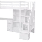 Lit mezzanine jumeau avec bureau en L et escalier de rangement, cadre de lit haut en bois avec tiroirs et armoire pour chambre et dortoir