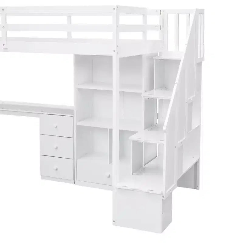 Lit mezzanine jumeau avec bureau en L et escalier de rangement, cadre de lit haut en bois avec tiroirs et armoire pour chambre et dortoir