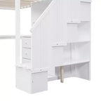 Lit mezzanine jumeau avec bureau en L et escalier de rangement, cadre de lit haut en bois avec tiroirs et armoire pour chambre et dortoir