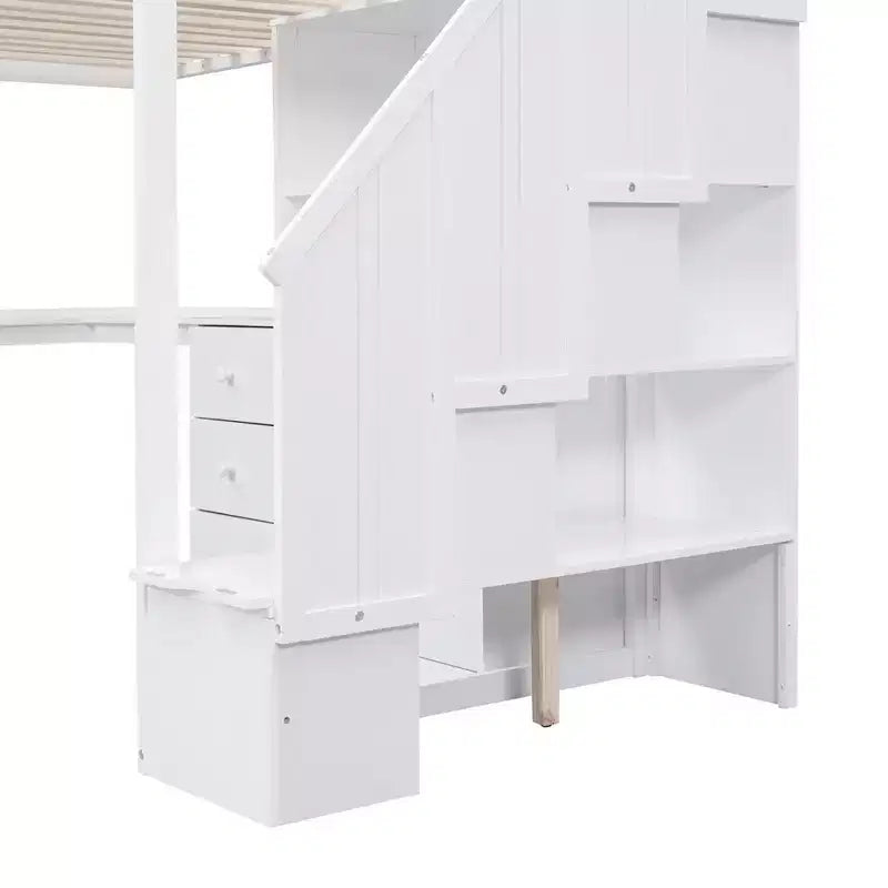 Lit mezzanine jumeau avec bureau en L et escalier de rangement, cadre de lit haut en bois avec tiroirs et armoire pour chambre et dortoir