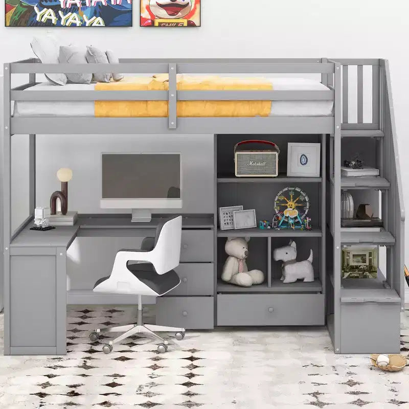 Lit mezzanine jumeau avec bureau en L et escalier de rangement, cadre de lit haut en bois avec tiroirs et armoire pour chambre et dortoir