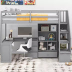 Lit mezzanine jumeau avec bureau en L et escalier de rangement, cadre de lit haut en bois avec tiroirs et armoire pour chambre et dortoir