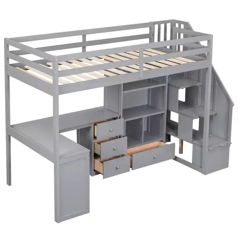 Lit mezzanine jumeau avec bureau en L et escalier de rangement, cadre de lit haut en bois avec tiroirs et armoire pour chambre et dortoir