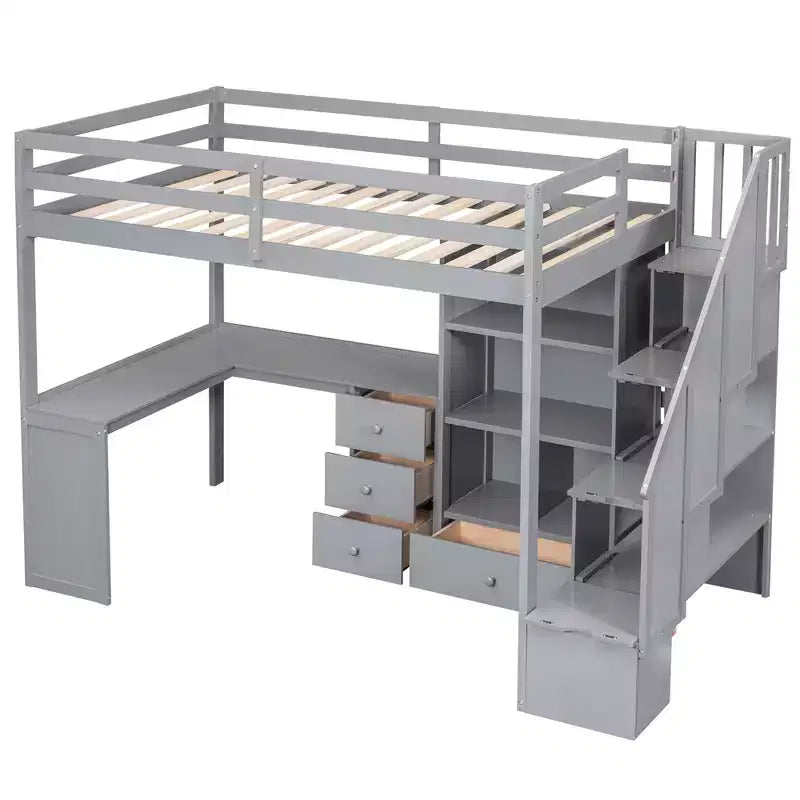 Lit mezzanine jumeau avec bureau en L et escalier de rangement, cadre de lit haut en bois avec tiroirs et armoire pour chambre et dortoir