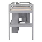 Lit mezzanine jumeau avec bureau en L et escalier de rangement, cadre de lit haut en bois avec tiroirs et armoire pour chambre et dortoir