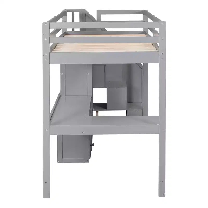 Lit mezzanine jumeau avec bureau en L et escalier de rangement, cadre de lit haut en bois avec tiroirs et armoire pour chambre et dortoir