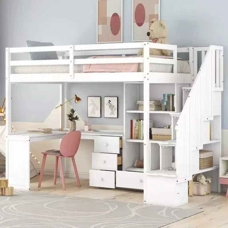 Lit mezzanine jumeau avec bureau en L et escalier de rangement, cadre de lit haut en bois avec tiroirs et armoire pour chambre et dortoir