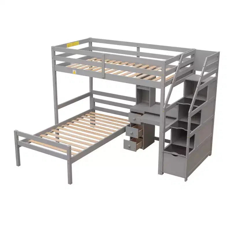 Lit superposé en L simple sur simple avec escalier de rangement, bureau, étagères et tiroirs, lit mezzanine en bois avec cadre de lit plateforme indépendant
