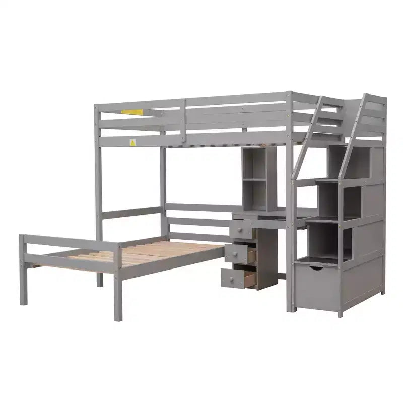 Lit superposé en L simple sur simple avec escalier de rangement, bureau, étagères et tiroirs, lit mezzanine en bois avec cadre de lit plateforme indépendant