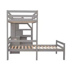 Lit superposé en L simple sur simple avec escalier de rangement, bureau, étagères et tiroirs, lit mezzanine en bois avec cadre de lit plateforme indépendant