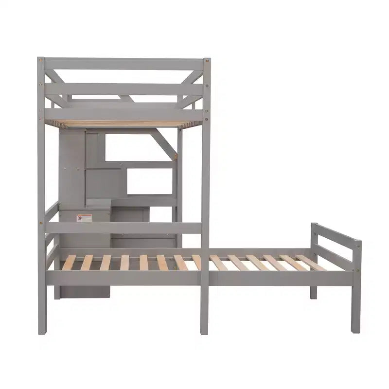 Lit superposé en L simple sur simple avec escalier de rangement, bureau, étagères et tiroirs, lit mezzanine en bois avec cadre de lit plateforme indépendant