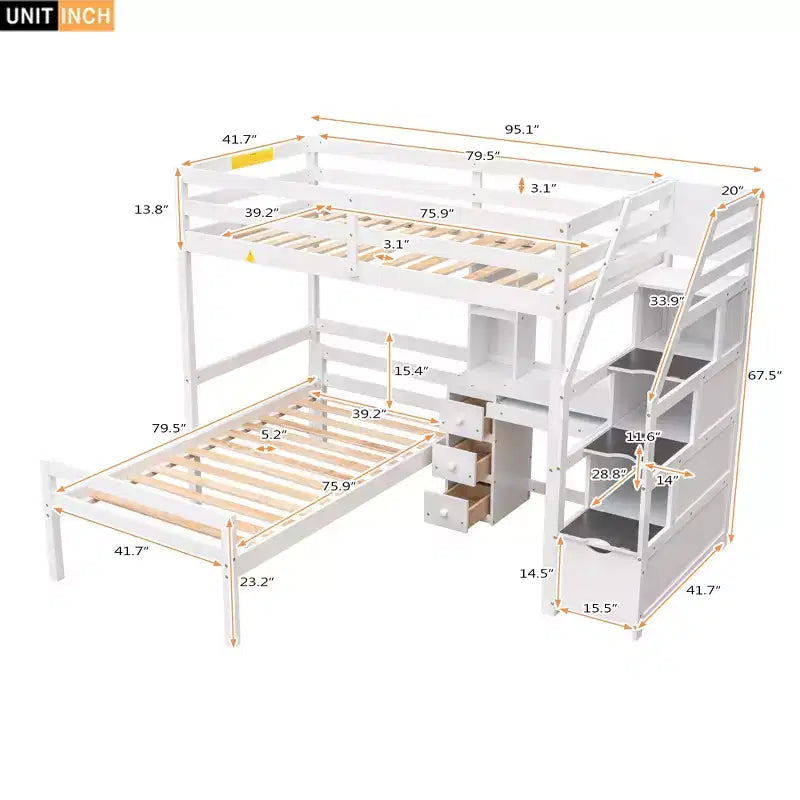 Lit superposé en L simple sur simple avec escalier de rangement, bureau, étagères et tiroirs, lit mezzanine en bois avec cadre de lit plateforme indépendant