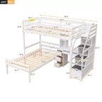 Lit superposé en L simple sur simple avec escalier de rangement, bureau, étagères et tiroirs, lit mezzanine en bois avec cadre de lit plateforme indépendant