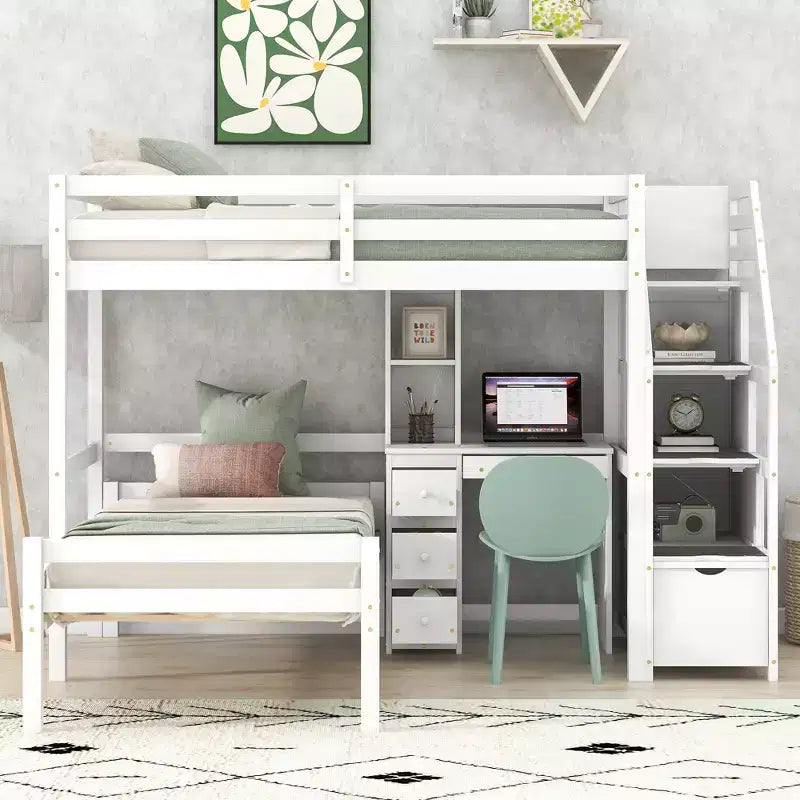 Lit superposé en L simple sur simple avec escalier de rangement, bureau, étagères et tiroirs, lit mezzanine en bois avec cadre de lit plateforme indépendant