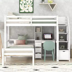 Lit superposé en L simple sur simple avec escalier de rangement, bureau, étagères et tiroirs, lit mezzanine en bois avec cadre de lit plateforme indépendant