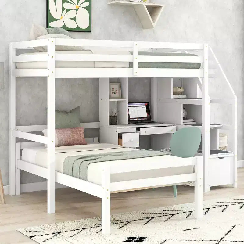 Lit superposé en L simple sur simple avec escalier de rangement, bureau, étagères et tiroirs, lit mezzanine en bois avec cadre de lit plateforme indépendant