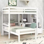 Lit superposé en L simple sur simple avec escalier de rangement, bureau, étagères et tiroirs, lit mezzanine en bois avec cadre de lit plateforme indépendant