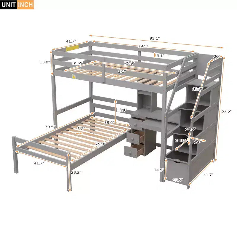 Lit superposé en L simple sur simple avec escalier de rangement, bureau, étagères et tiroirs, lit mezzanine en bois avec cadre de lit plateforme indépendant