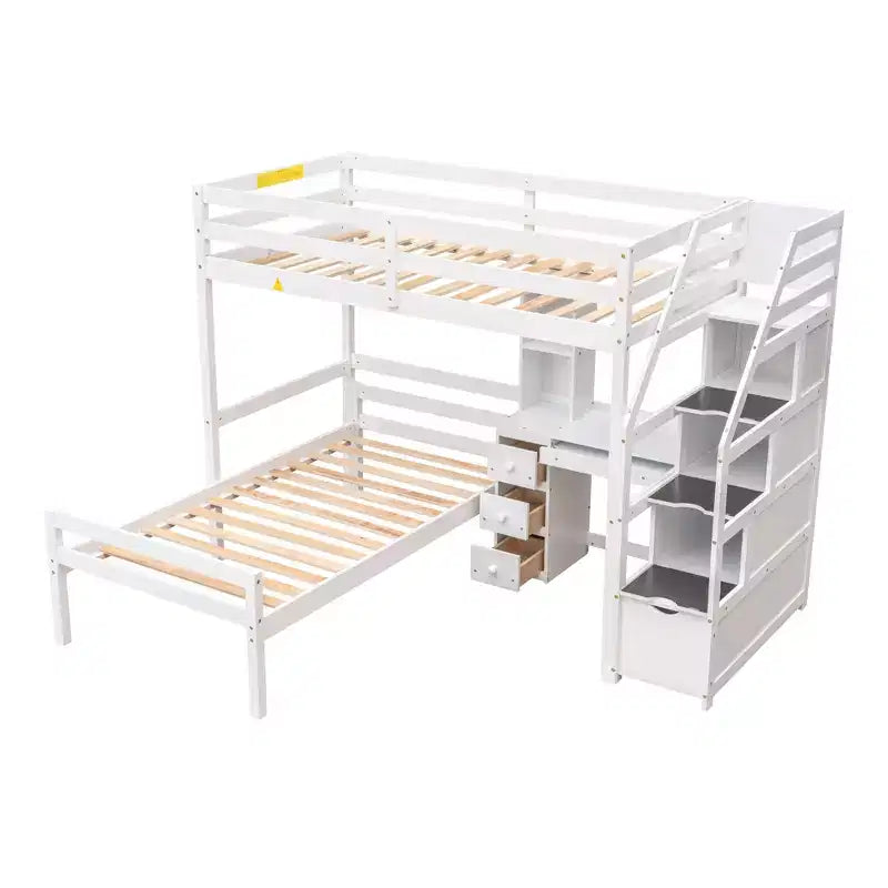 Lit superposé en L simple sur simple avec escalier de rangement, bureau, étagères et tiroirs, lit mezzanine en bois avec cadre de lit plateforme indépendant