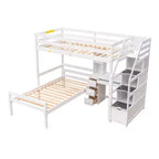 Lit superposé en L simple sur simple avec escalier de rangement, bureau, étagères et tiroirs, lit mezzanine en bois avec cadre de lit plateforme indépendant