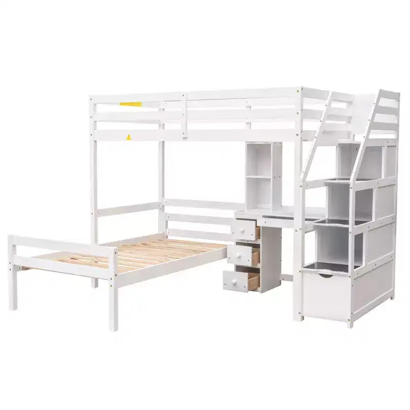 Lit superposé en L simple sur simple avec escalier de rangement, bureau, étagères et tiroirs, lit mezzanine en bois avec cadre de lit plateforme indépendant