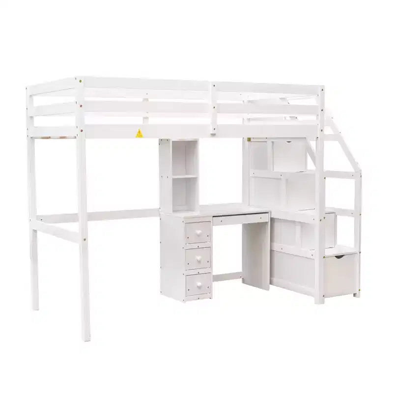 Lit superposé en L simple sur simple avec escalier de rangement, bureau, étagères et tiroirs, lit mezzanine en bois avec cadre de lit plateforme indépendant