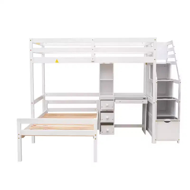 Lit superposé en L simple sur simple avec escalier de rangement, bureau, étagères et tiroirs, lit mezzanine en bois avec cadre de lit plateforme indépendant