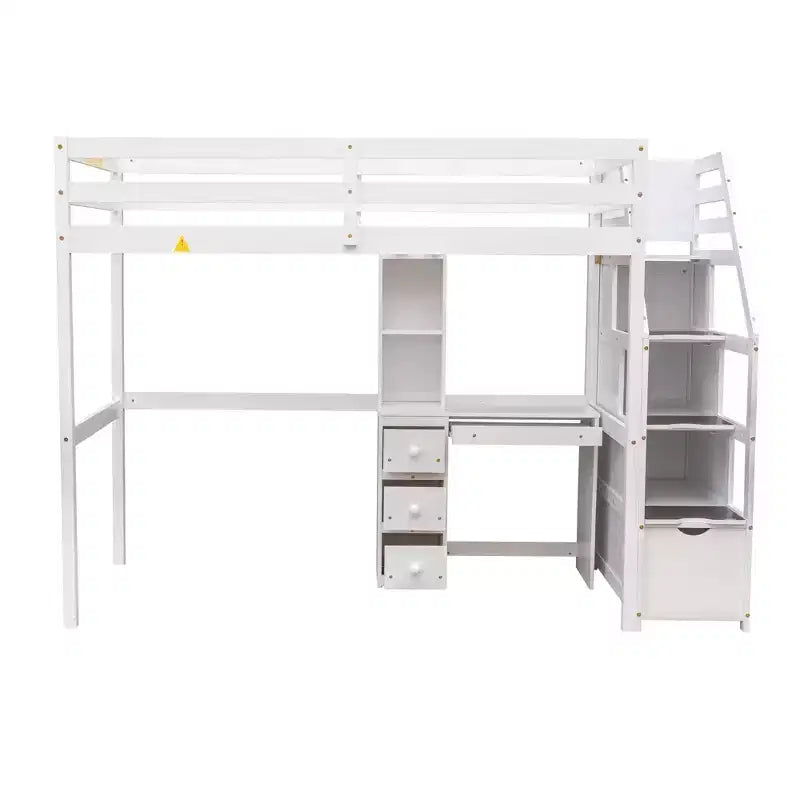 Lit superposé en L simple sur simple avec escalier de rangement, bureau, étagères et tiroirs, lit mezzanine en bois avec cadre de lit plateforme indépendant