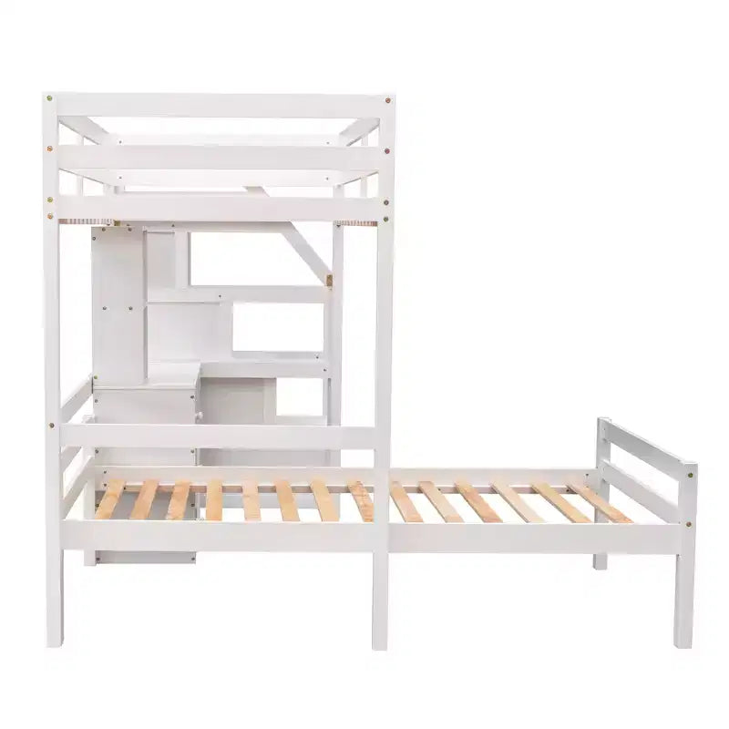 Lit superposé en L simple sur simple avec escalier de rangement, bureau, étagères et tiroirs, lit mezzanine en bois avec cadre de lit plateforme indépendant