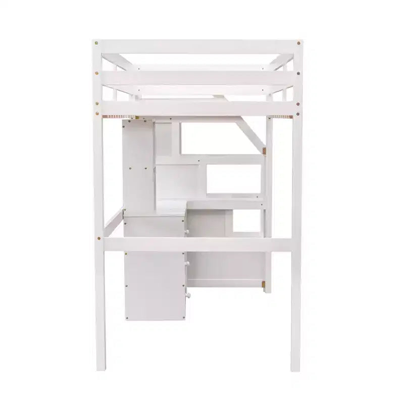 Lit superposé en L simple sur simple avec escalier de rangement, bureau, étagères et tiroirs, lit mezzanine en bois avec cadre de lit plateforme indépendant