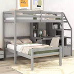 Lit superposé en L simple sur simple avec escalier de rangement, bureau, étagères et tiroirs, lit mezzanine en bois avec cadre de lit plateforme indépendant