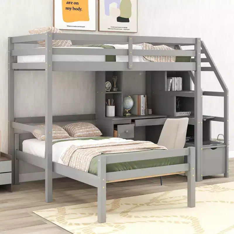 Lit superposé en L simple sur simple avec escalier de rangement, bureau, étagères et tiroirs, lit mezzanine en bois avec cadre de lit plateforme indépendant