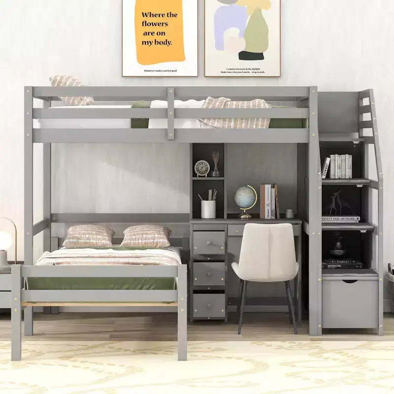 Lit superposé en L simple sur simple avec escalier de rangement, bureau, étagères et tiroirs, lit mezzanine en bois avec cadre de lit plateforme indépendant