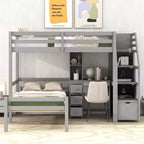 Lit superposé en L simple sur simple avec escalier de rangement, bureau, étagères et tiroirs, lit mezzanine en bois avec cadre de lit plateforme indépendant