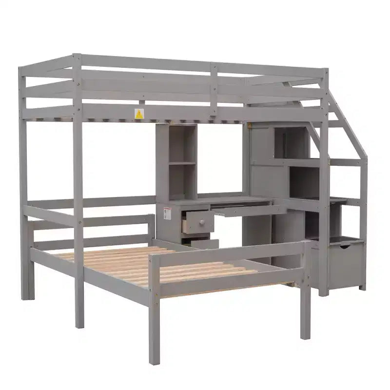 Lit superposé en L simple sur simple avec escalier de rangement, bureau, étagères et tiroirs, lit mezzanine en bois avec cadre de lit plateforme indépendant