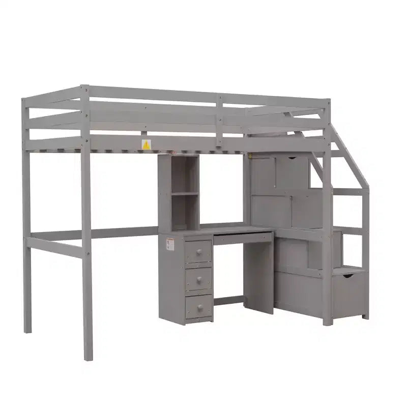 Lit superposé en L simple sur simple avec escalier de rangement, bureau, étagères et tiroirs, lit mezzanine en bois avec cadre de lit plateforme indépendant