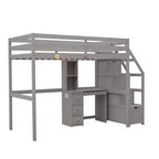 Lit superposé en L simple sur simple avec escalier de rangement, bureau, étagères et tiroirs, lit mezzanine en bois avec cadre de lit plateforme indépendant