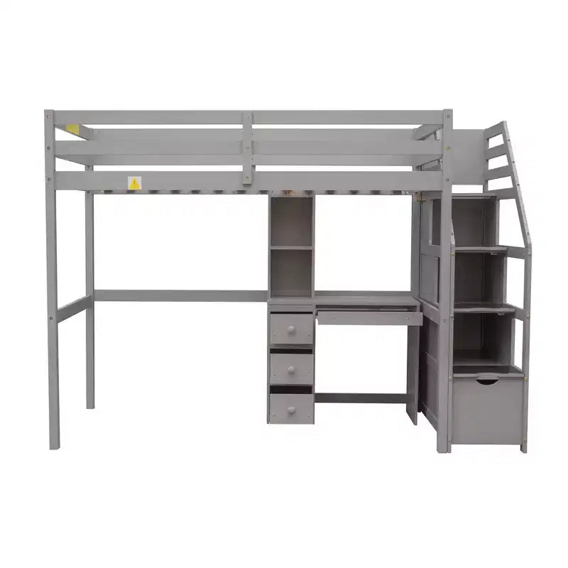 Lit superposé en L simple sur simple avec escalier de rangement, bureau, étagères et tiroirs, lit mezzanine en bois avec cadre de lit plateforme indépendant