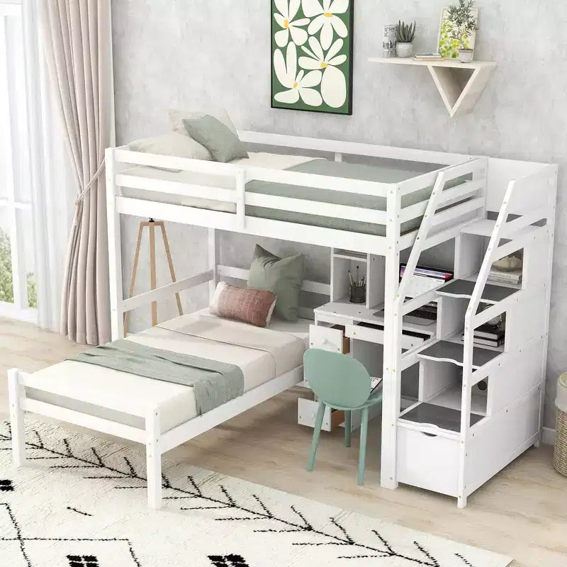 Lit superposé en L simple sur simple avec escalier de rangement, bureau, étagères et tiroirs, lit mezzanine en bois avec cadre de lit plateforme indépendant