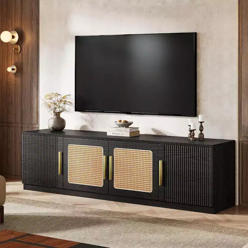 Meuble TV 70,9 pouces, Centre de divertissement en bois avec étagère de rangement à 6 niveaux, Meuble console multimédia pour téléviseurs jusqu'à 80 pouces