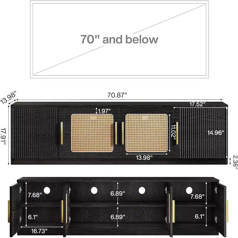 Meuble TV 70,9 pouces, Centre de divertissement en bois avec étagère de rangement à 6 niveaux, Meuble console multimédia pour téléviseurs jusqu'à 80 pouces