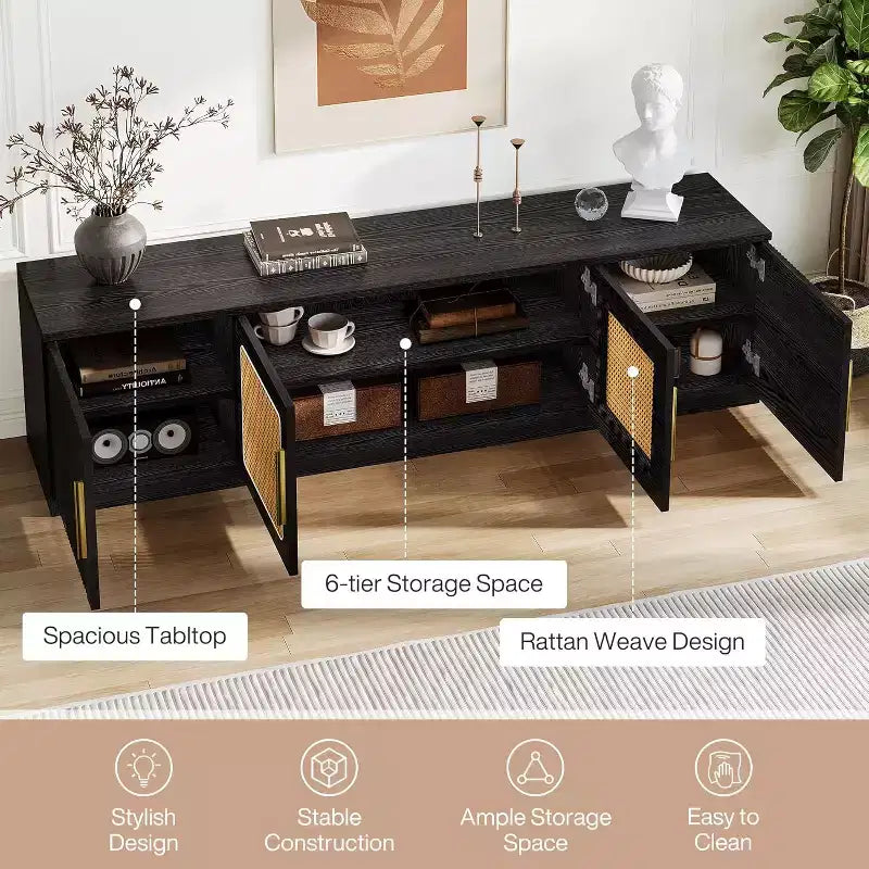 Meuble TV 70,9 pouces, Centre de divertissement en bois avec étagère de rangement à 6 niveaux, Meuble console multimédia pour téléviseurs jusqu'à 80 pouces