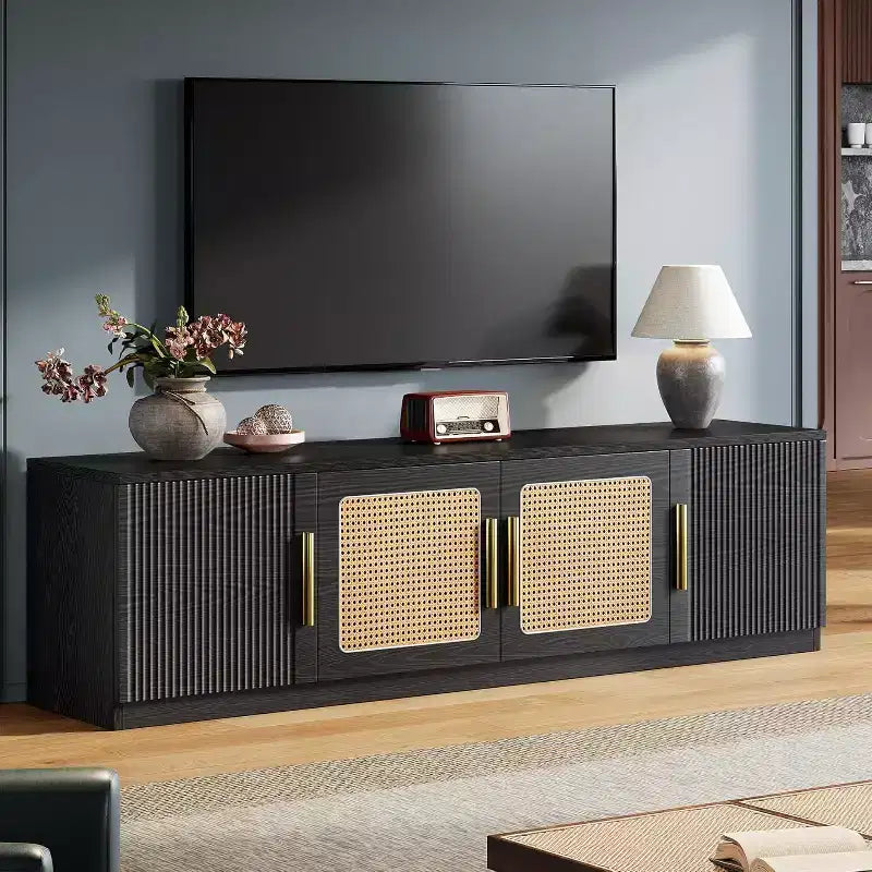 Meuble TV 70,9 pouces, Centre de divertissement en bois avec étagère de rangement à 6 niveaux, Meuble console multimédia pour téléviseurs jusqu'à 80 pouces