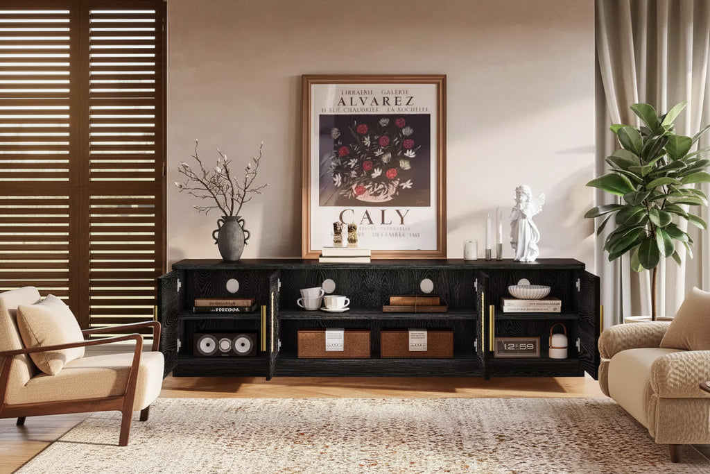 Meuble TV 70,9 pouces, Centre de divertissement en bois avec étagère de rangement à 6 niveaux, Meuble console multimédia pour téléviseurs jusqu'à 80 pouces