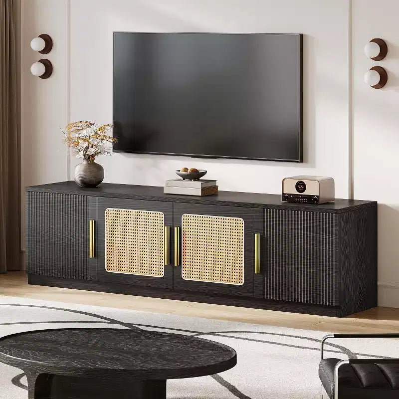 Meuble TV 70,9 pouces, Centre de divertissement en bois avec étagère de rangement à 6 niveaux, Meuble console multimédia pour téléviseurs jusqu'à 80 pouces